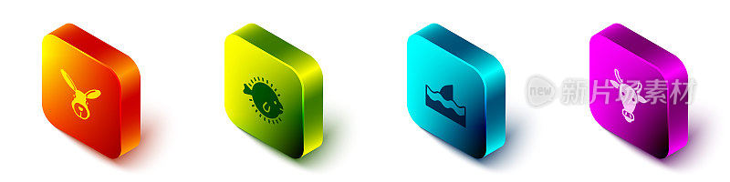 Set Isometric Rabbit head, Puffer fish, Shark fin in ocean wave and Cow icon. Vector